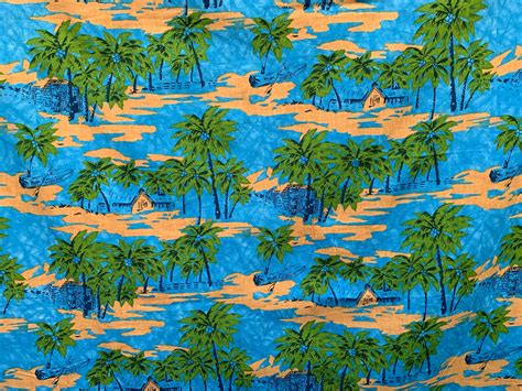80s Cotton Fabric Tropical Island Hawaii Ocean Island Palm Etsy