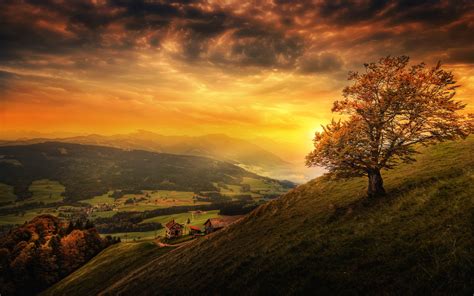 Schweiz Hang Berge Bäume Wolken Stadt Sonnenuntergang 3840x2160