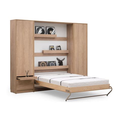 Vertical Wall Bed With Shelves And Side Wardrobes Space Saving