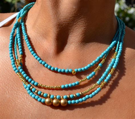 Four Strand Boho Asymmetrical Necklace Turquoise And Gold Etsy