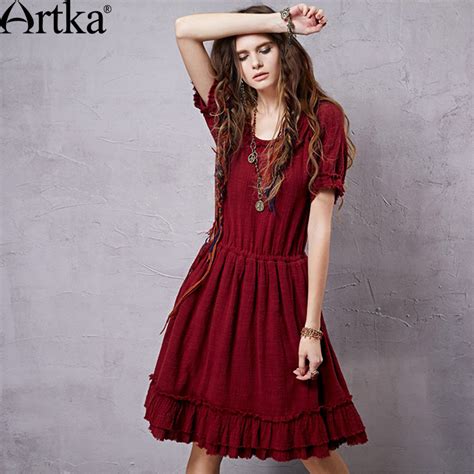 Artka Womens Retro Ethnic Red Dress 2015 Cool Summer New Arrival