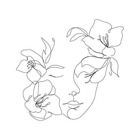Women And Flowers Line Art Girl With Flowers And Leaves One Line