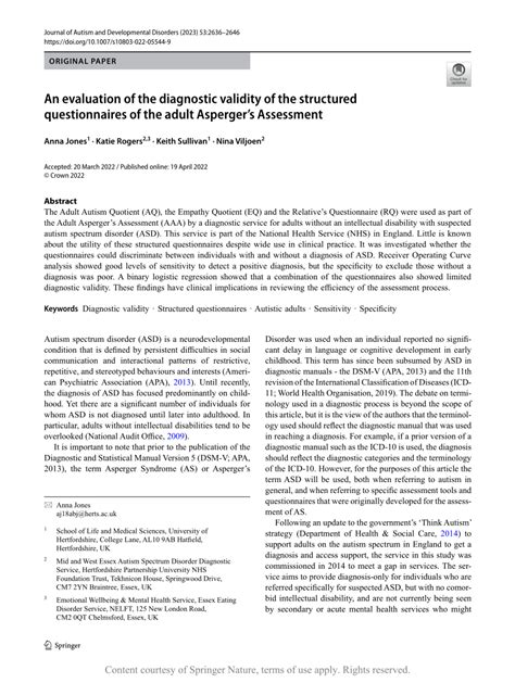 An Evaluation Of The Diagnostic Validity Of The Structured Questionnaires Of The Adult Asperger