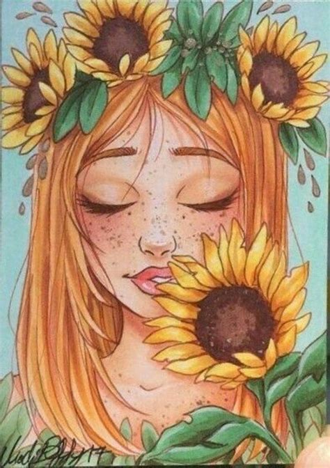 Woman With Blonde Hair Sunflower Crown Cute Flower Drawings Colored
