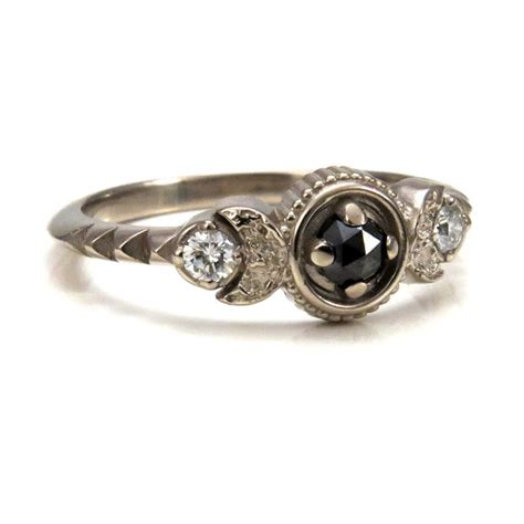 Moon Phase Engagement Ring Black Rose Cut Diamonds And White Etsy