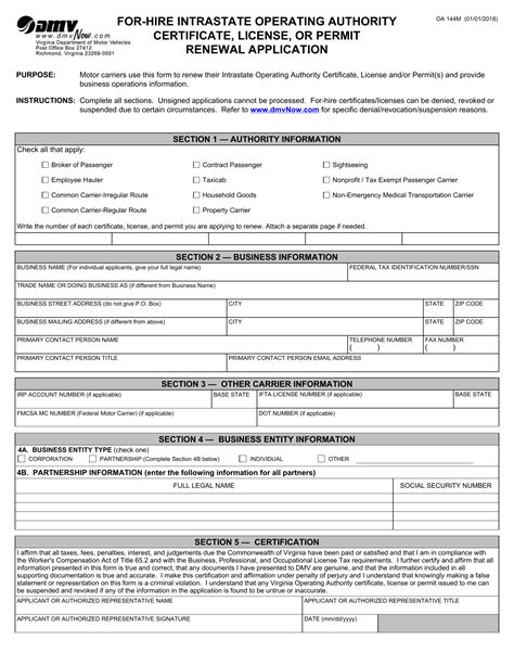 Form Oa 144m For Hire Intrastate Op Authority Cert Lic Or Permit