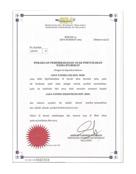 Akta syarikat 1965 [seksyen 26 (3)). Registration with Authorities - Jana Tanmia Resources Sdn Bhd