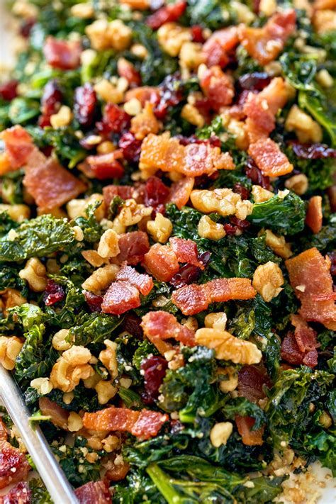 Healthy Sautéed Kale Salad Recipe With Bacon Walnuts And Cranberries