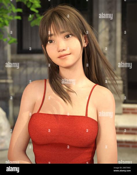 Photo Realistic 3d Rendered Portrait Of Fictional Asian Woman Outdoors