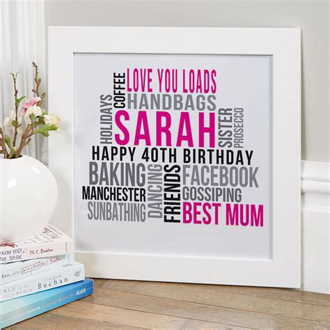 Jul 18, 2019 · 25 unique birthday gifts for her that are anything but boring your mom, wife, girlfriend, or best friend will have a very happy birthday, indeed. Personalised 40th Birthday Gifts of Wall Art | Chatterbox ...