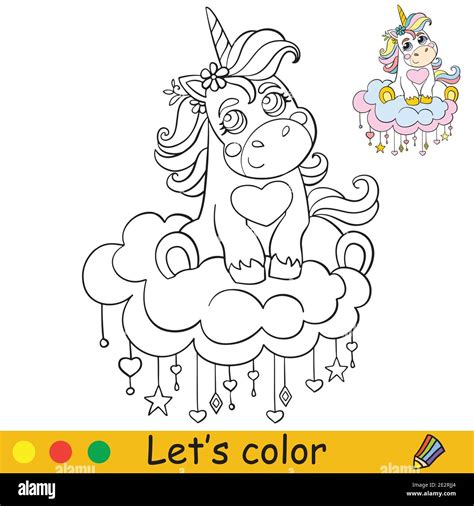 Cute Baby Unicorn Sitting On A Cloud Coloring Book Page With Colorful