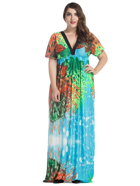 Lake Blue Plus Size Batwing Sleeve Long Bohemian Dress