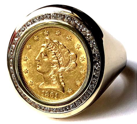 Mens Diamond And Gold Coin Ring Featuring A Genuine Usa Liberty Gold