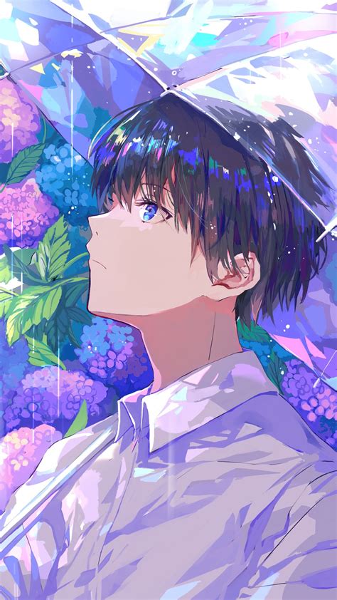 Anime Guy Handsome Raining Umbrella Flower Phone Hd Wallpaper