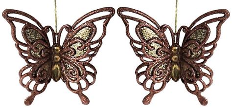 2 Pack Of Rose Gold Glitter Butterfly Ornaments
