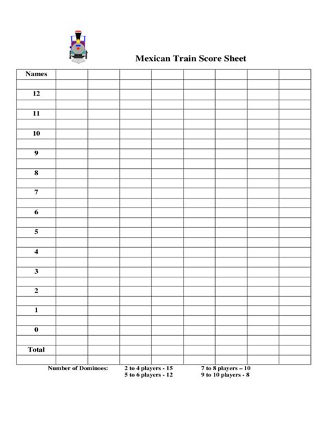 Mexican Train Score Sheets Printable Blank Mexican Train Score Sheet