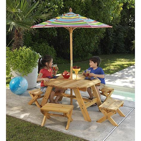 Plus, it's a great value given that it comes with the table and an umbrella. Octagon Table & 4 Benches with Multi-striped Umbrella ...