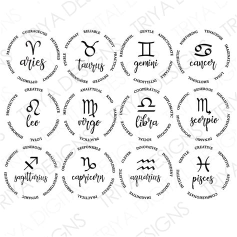 Zodiac Signs With Traits Sun Sign Svg Cut Files Astrology Etsy Uk