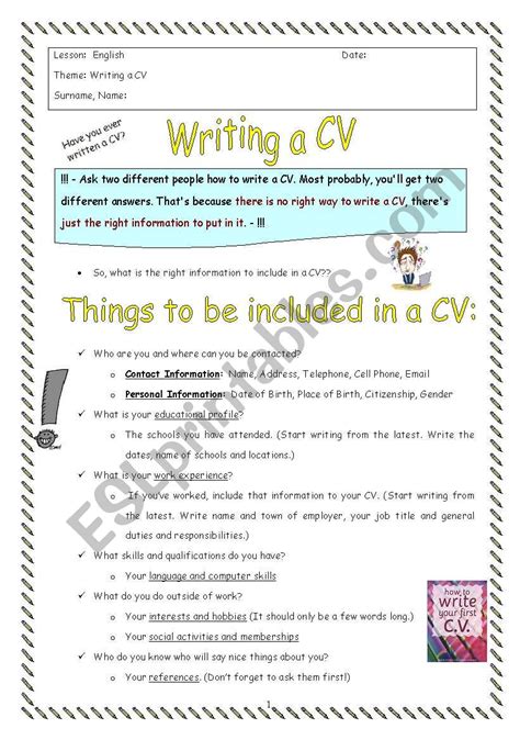 It gives companies the first glimpse of you as a potential employee and helps them to decide if you are worth interviewing. CV writing - ESL worksheet by oylesine