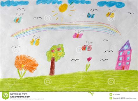 Een regenboog kindje is een baby die kort na het verlies van een vorige kindje is geboren. De Tekening Van Kinderen Van Huis, Bloemen En Regenboog Stock Illustratie - Illustratie ...