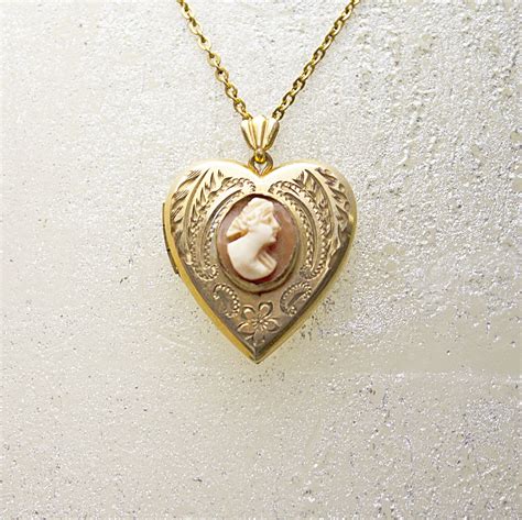 Vintage Cameo Locket Necklace Gold Filled Shell Cameo Locket Signed