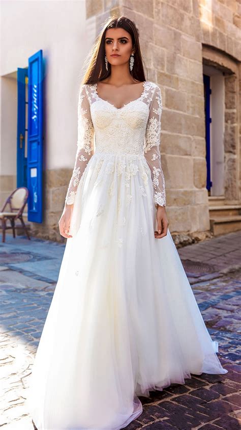 V Neck Lace Tulle Long Sleeves A Line Wedding Dresses Bridal Dresses