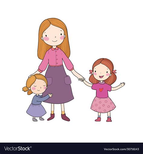 Young Mother And Two Daughters Cute Cartoon Vector Image