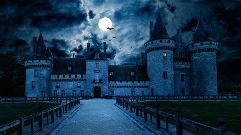 Haunted Gothic Castle At Night Holiday Stock Photos Creative Market