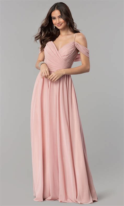 Long Cold Shoulder Dusty Rose Chiffon Prom Dress