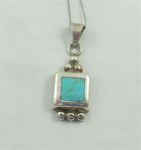 Mexican Sterling Silver Geometrical Turquoise Pendant W Sterling