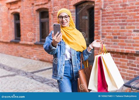 Sale Technologies And Buying Concept Happy Arab Muslim Woman Taking Selfie Outdoors After