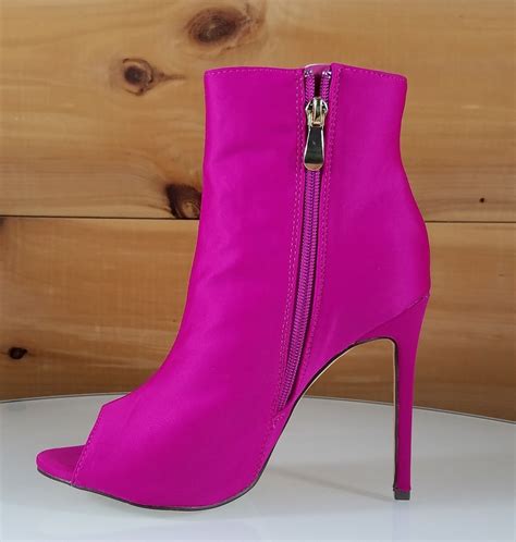 So Me Bleu Fuchsia Pink High Heels Satin Peep Toe Ankle Boot High Thigh