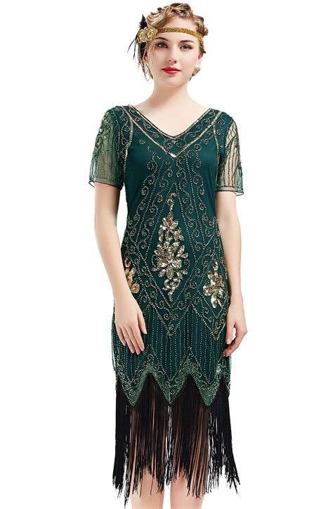 babeyond 1920s art deco fringed sequin dress 20s flapper gatsby costume dress dark green xxl