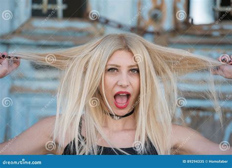 Blond Woman Play With Hairs With Screaming Face Stock Image Image Of