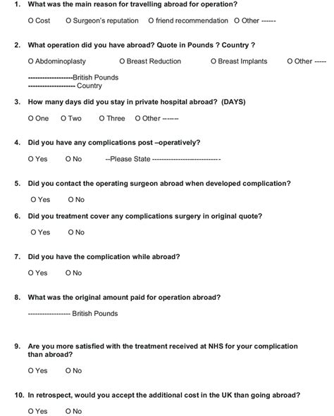 Patient Satisfaction Questionnaire With Cosmetic Surgery Abroad And Nhs