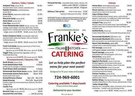 <p>frankie's italian kitchen offers a casual environment for classic italian cuisine, as well as southern dishes. Menu of Frankie's Italian Kitchen in Lawrence, PA 15055