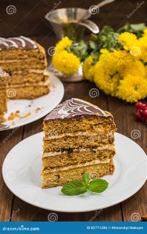 Traditional Hungarian Esterhazy Cake Selective Focus With Chocolate