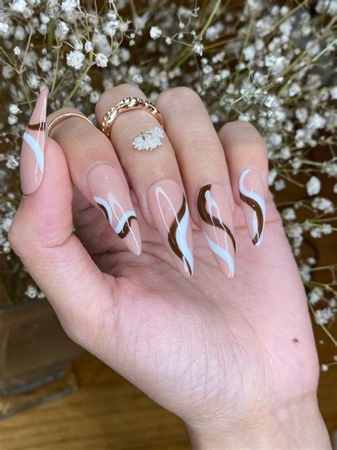Nude Abstract Nail Design White And Brown Lines Coffin Etsy Artofit
