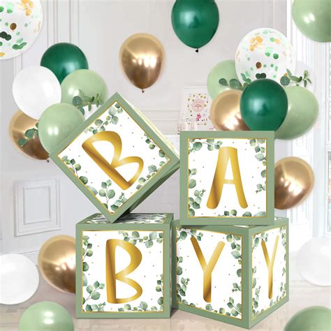 Sage Green Baby Balloons Boxes Decoration Baby Shower Backdrop Blocks