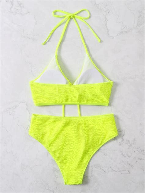 SHEIN Swim Vcay Neon Lime Tie Back Halter Bikini Swimsuit SHEIN UK