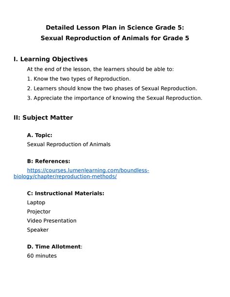 Tseg Detailed Lesson Plan Lumangaya J Detailed Lesson Plan In Science Grade 5 Sexual