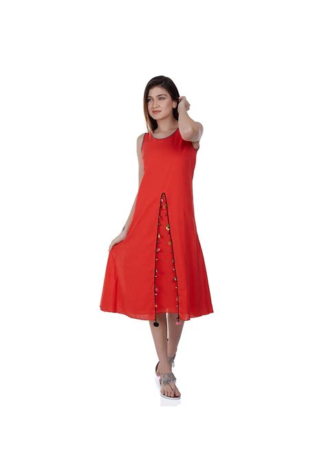 Feronias Red Embroidered Midi Summer Dress Sleeveless Lace Dress