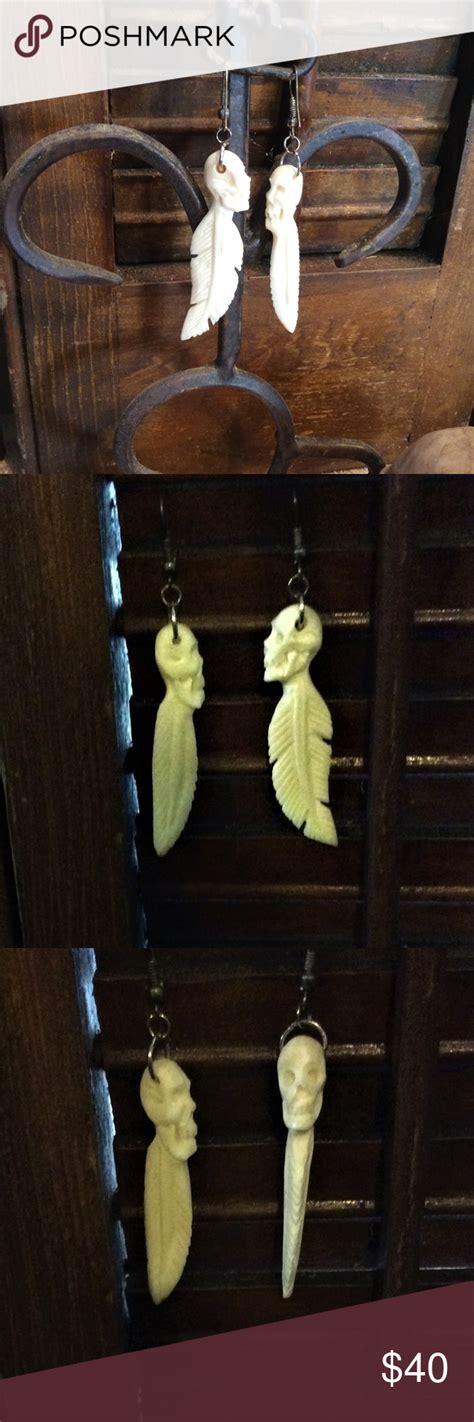 Handcarved Bone Skull And Feather Earrings Feather Earrings Handmade Jewelry Earrings Hand Carved