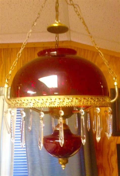 Hanging Electric Oil Lamp Red Glass Shade Lamp Mid Century Lamp Oil