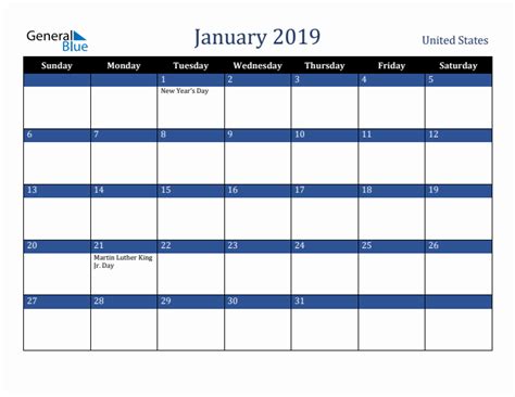 January 2019 Monthly Calendar With United States Holidays