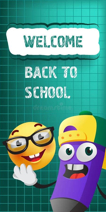 Welcome Back To School Lettering With Cartoon Pencil And Emoji Stock
