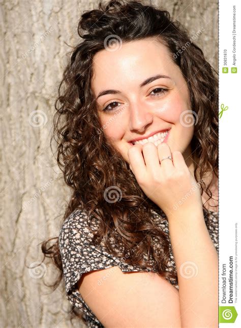 Beautiful Italian Smiling Girl Long Hair Style Stock