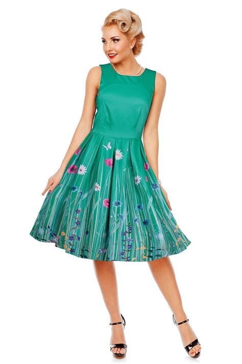 Annie Retro Meadow Floral Print Swing Dress In Green Sale Retro