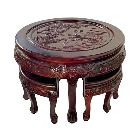 Oriental Carved Round Coffee Table With Stools Oriental Furnishings
