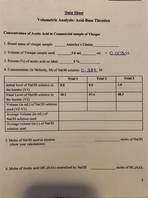 Solved Data Sheet Volumetric Analysis Acid Base Titration Chegg Com